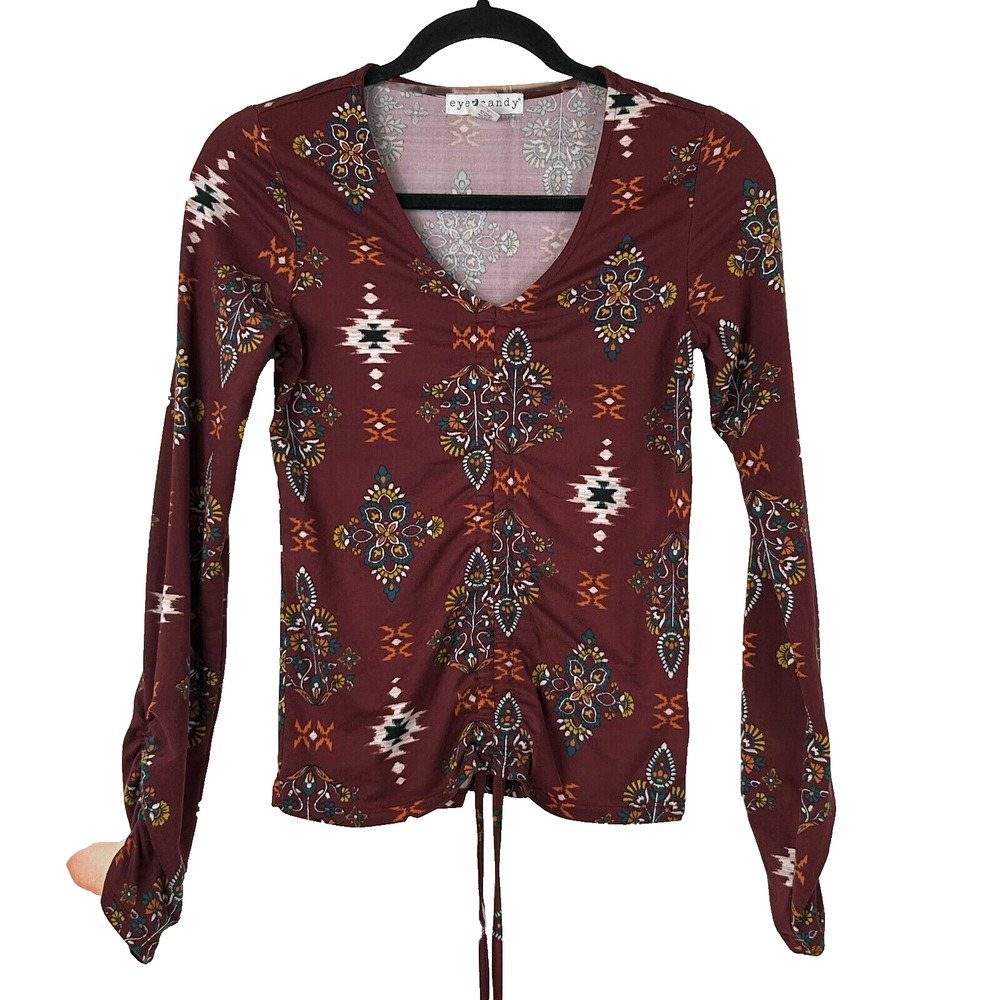 Eye Candy Top Womens Small Red Floral‎ Print Ruched V Neck Long Sleeve Pullover